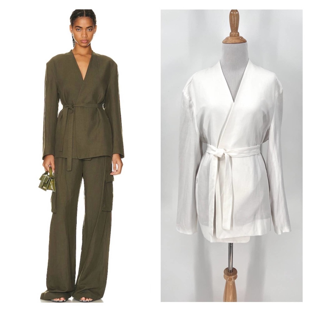 ENZA COSTA Twill Belted Jacket Womens Small Off White Linen Blazer Wrap NEW